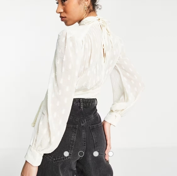 ASOS DESIGN Top High Neck Sheer Boho Textured Cream Material Tie Size 8 - Picture 1 of 16